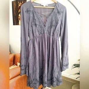 Lovestitch Embroidered Long Sleeve Dress w/Bell Sleeves and Lace Up Front